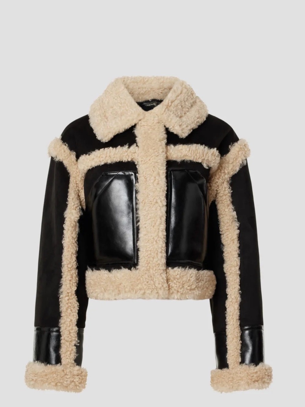 Stand Studio Black Jacket with Cream Shearling Trim
